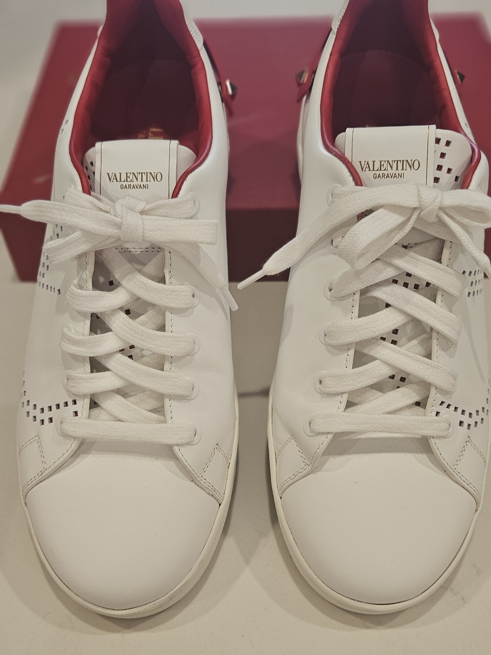 Valentino Garavani White Leather Low-Top Sneakers with Red Lining